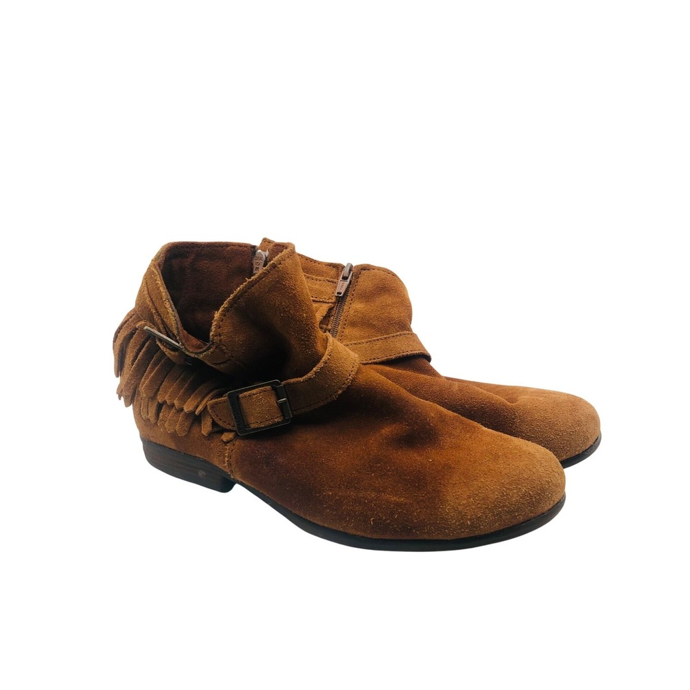 MINNETONKA brown Suede Fringe Buckle zip Ankle Moccasins Boots 8.5